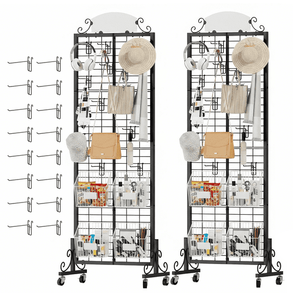 2 Pack 2.1 x 6.2 Ft Tall Gridwall Panel Display Stands Heavy Duty Floor Standing Retail Display Rack, Movable Gridwall Display Stand with 4 Wheels and 8 Hooks