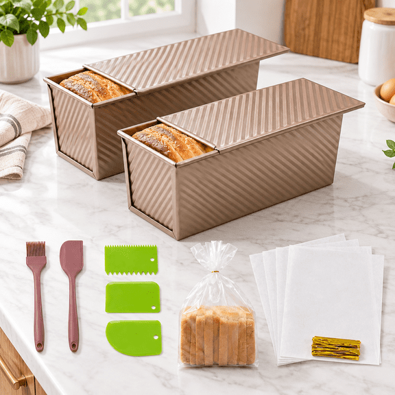 2 Pack 2.2lb Non-Stick Carbon Steel Square Pullman Loaf Pan Baking Kit with Lid