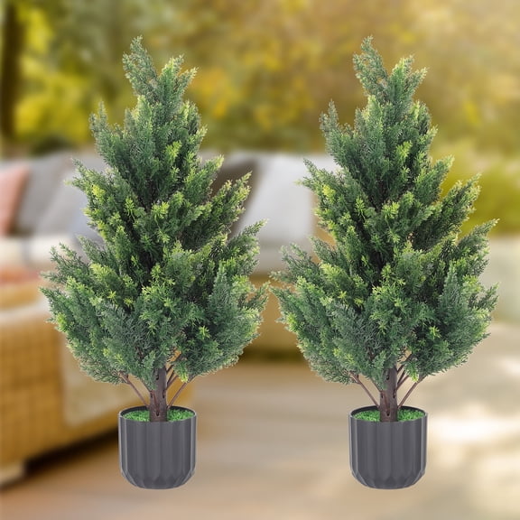 2-Pack 2.3ft Artificial Cedar Topiary Trees, Realistic Outdoor/Indoor Faux Plants for Front Porch, Year-Round & Christmas Home Office Decor