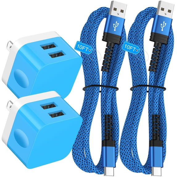 2 Pack 2.4A Dual-Port Fast Wall Charger Block with 10FT Type-C Cables, Power Adapter Compatible with iPhone 17/16/15 Pro Max iPad Pro Galaxy S26 Android,Blue