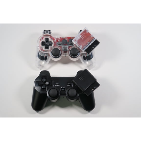 2-Pack 2.4G Wireless Controller Gamepad Dual Vibration Compatible For Playstation 2 PS2 PS1 Clear & Black