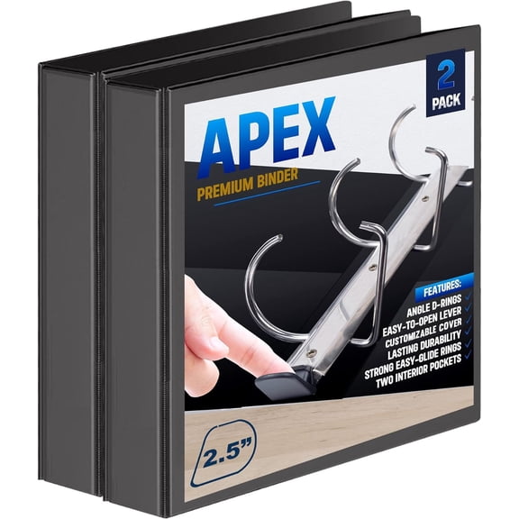 2 Pack of 2.5 Smooth Opening Angle D-Ring View Black Binders, Professional Presentation Folder for Standard Pages with Inside Pockets, and Customizable Clear View Binder PVC-Free