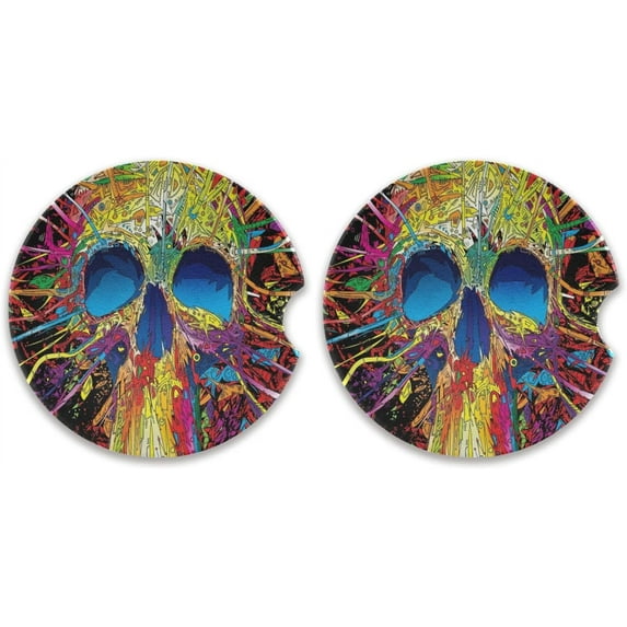 2 Pack 2.5 inch Car Coasters for Drinks Absorbent, Halloween Mechanical Skull Ceramic Car Cup Holder Coaster for Your Car with Fingertip Grip,Halloween(113) Home Decor