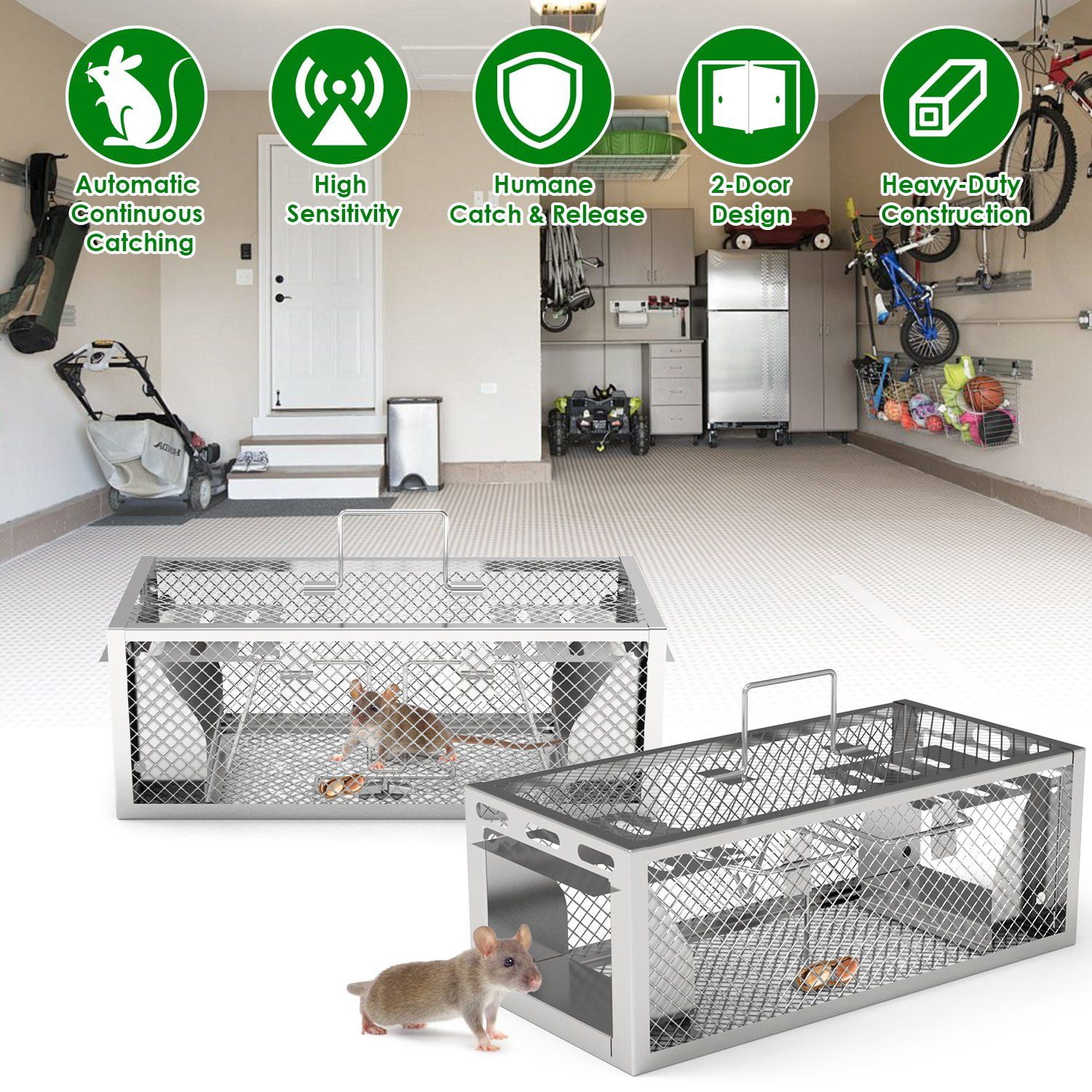 2 Pack 2-Door Humane Rat Trap Automatic Continuous Mouse Trap Reusable Galvanized Iron Live Animal Cage, 11.81x5.63x4.45in