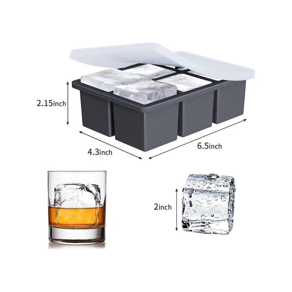 2 Pack 2 Inch Large Square Silicone Ice Cube Trays, Big Old Fashioned Ice Maker Mold with Lid for Whiskey Cocktails, Gray, 1 Set