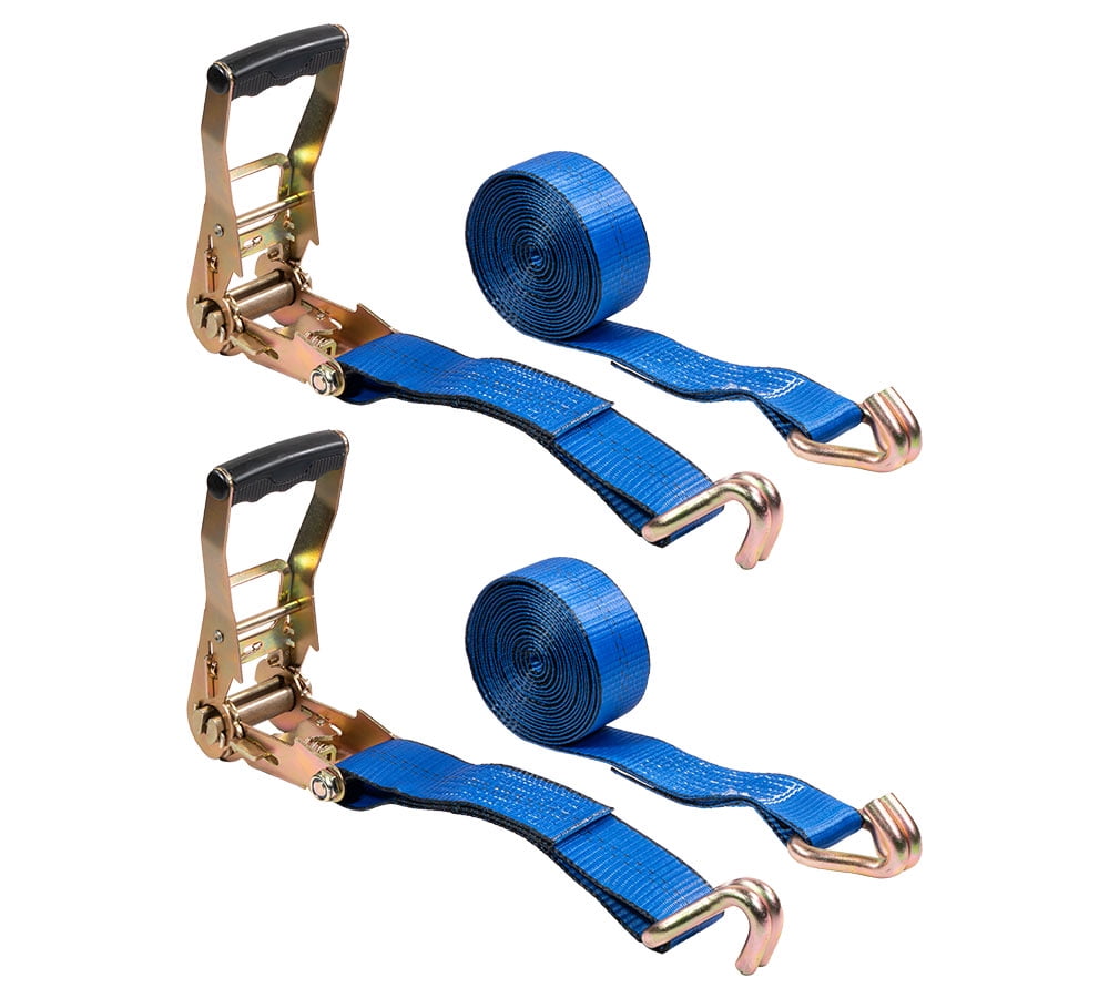 (2 Pack) 2 Inch x 15 FT Blue Ratchet Strap with J Hooks - 10,000 Lbs Breaking Strength - Heavy Duty Tie Down Cargo Truck Straps with Wire Hooks for Flatbed, Truck, Trailers Pickup