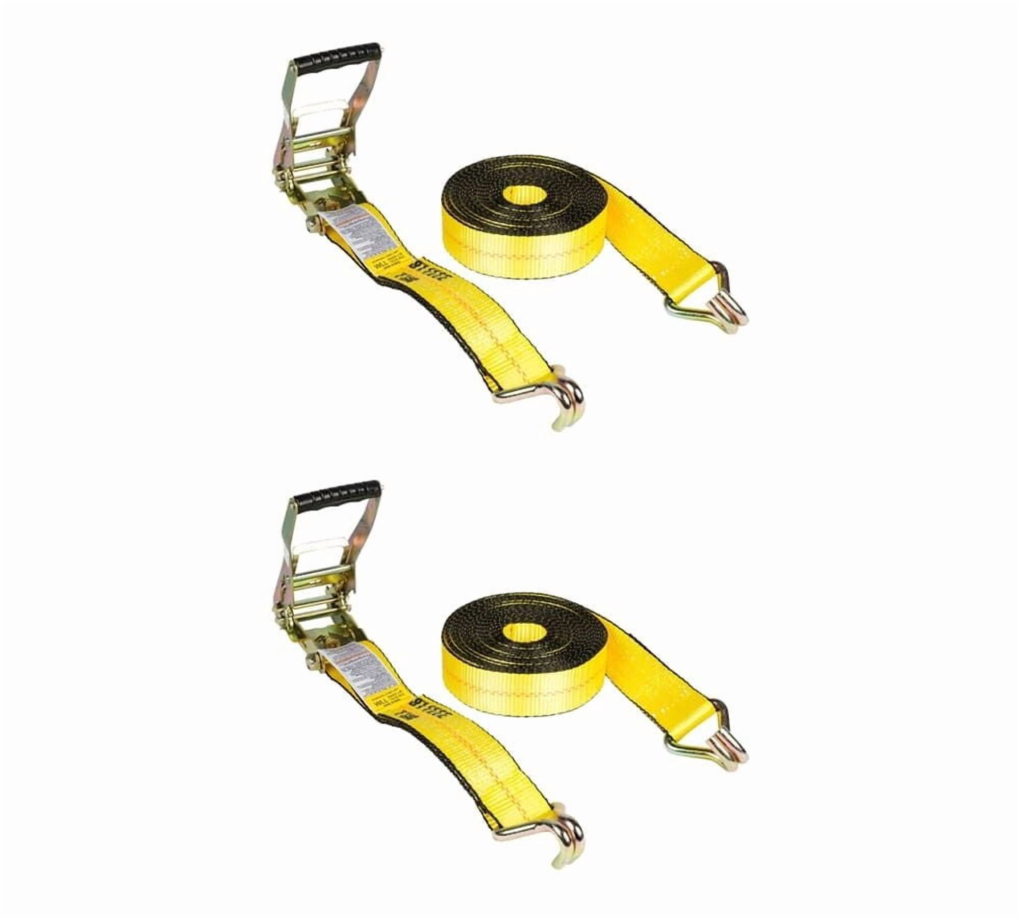 2 Pack 2 Inch x 50 FT Heavy Duty Ratchet Straps with Double J Hooks | 10,000 lbs. Breaking Strength Yellow Tie Down Straps w/Wire Hooks for Industrial Use, Trailers, Truck & Cargo.
