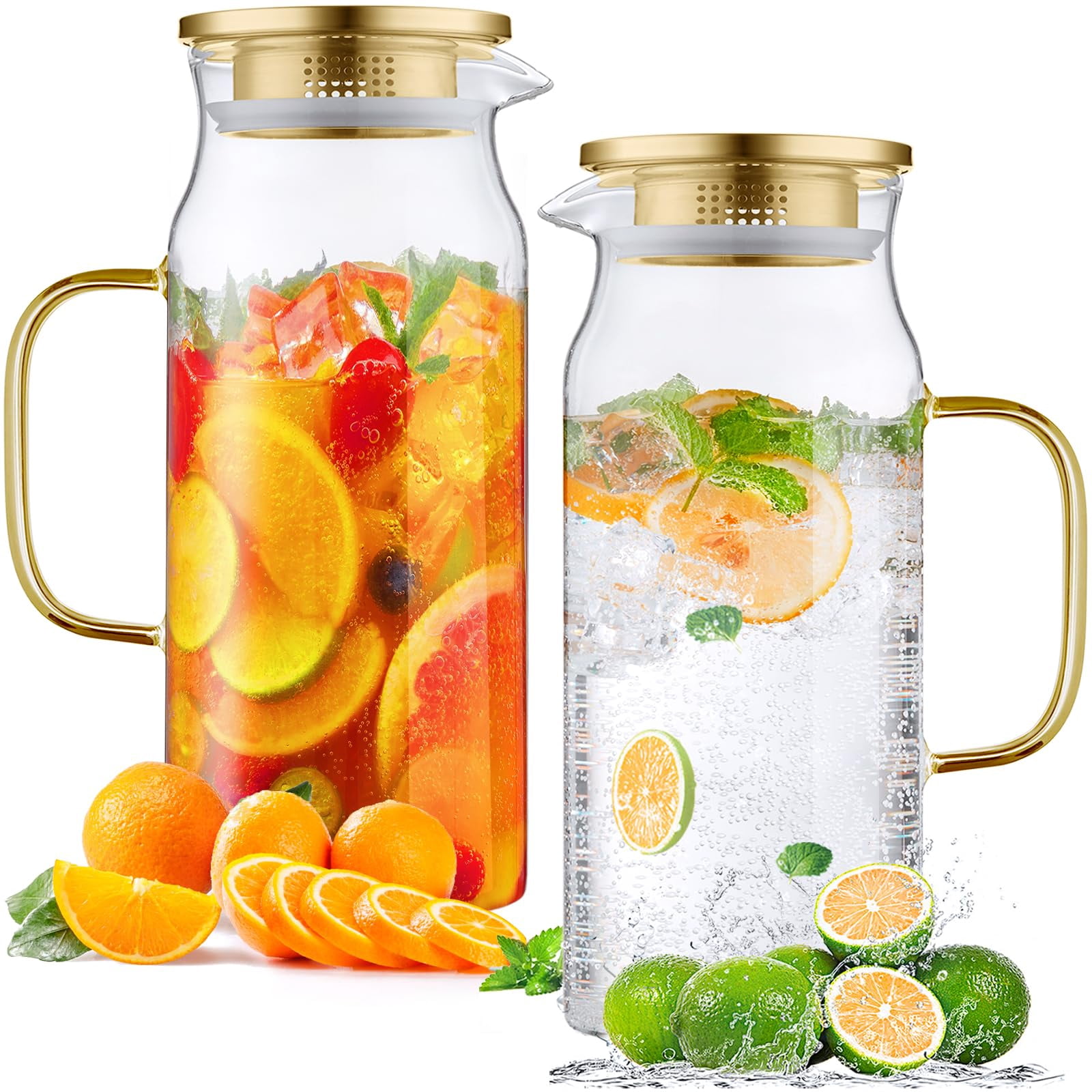 2 Pack 2 Liter 68 Oz 2.1 Qt Glass Pitcher With Lid And Handle Water For ...
