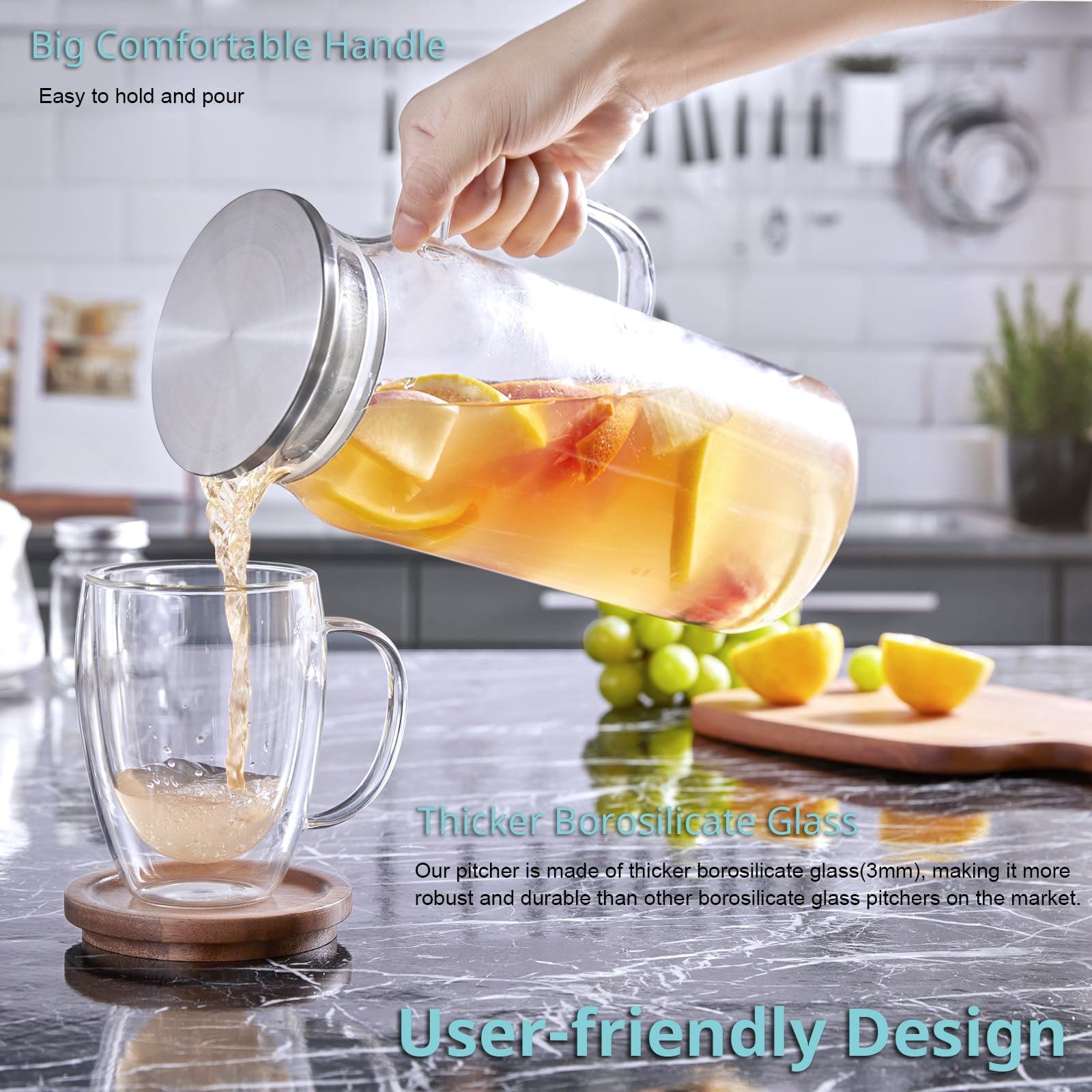 2 Pack 2 Liter 68 Oz 2.1 Qt Glass Pitcher With Lid And Handle Water For ...