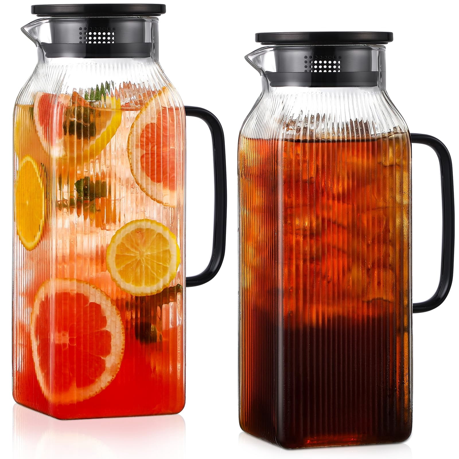 2 Pack 2 Liter/68 Oz Square Glass Pitcher With Lid Classic Stripes ...