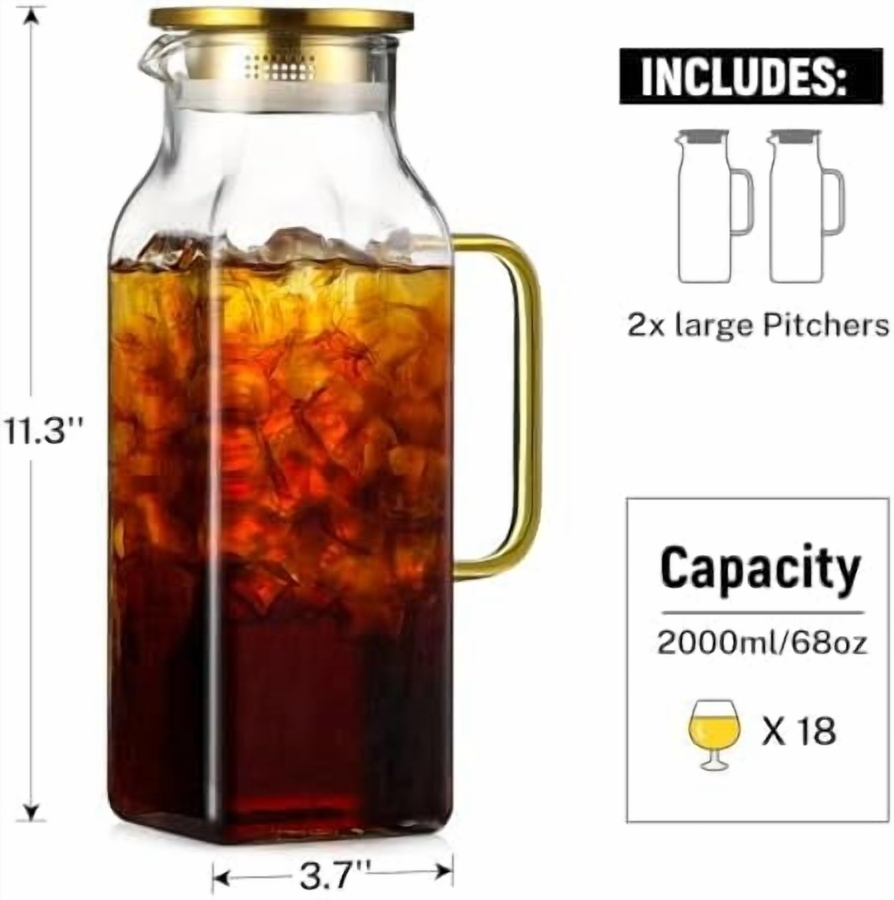 2 Pack 2 Liters/68 oz Square Glass Pitcher with Lid and Handle for ...