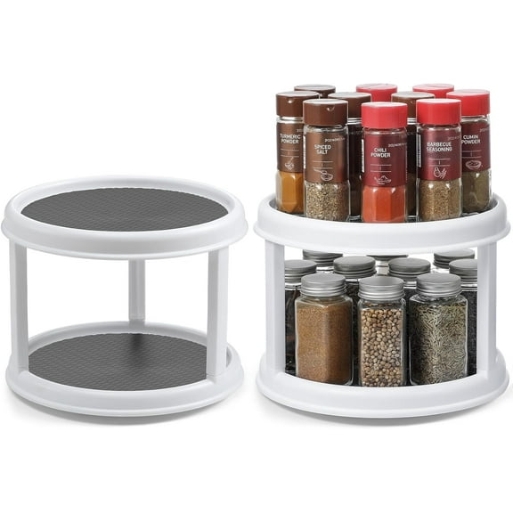 2 Pack, 2 Tier 10" Turntable Lazy Susan Spice Organizer - Rotating Seasoning Rack Spinner for Pantry Cabinet Kitchen Countertop, Table Top Organizing - Multiuse Two Tier Rotating Organization Rack