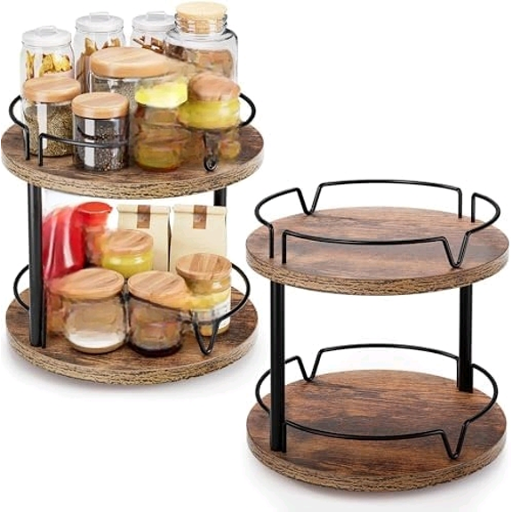 2 Pack 2 Tier Lazy Susan Organizer Wooden Rotating Spice Rack Spice Rack for Countertop 2 Tier Spice Turntable Organizer for Kitchen Countertop and Cabinet Compact and Versatile, Rustic Brown