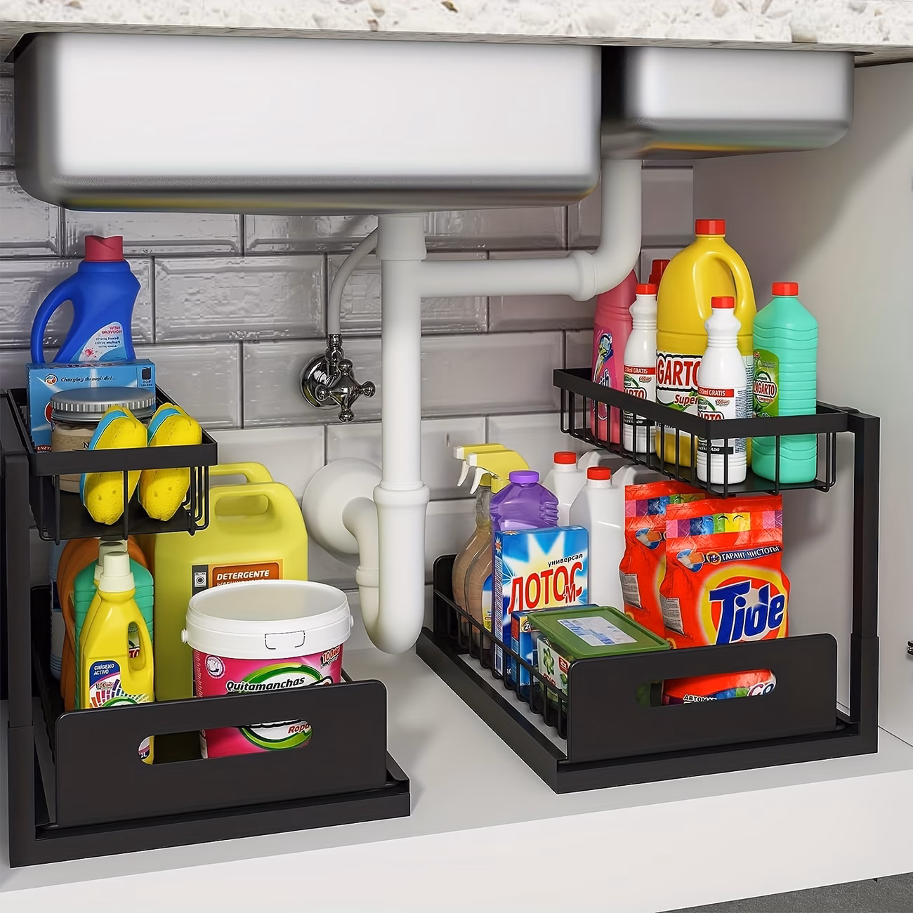 2 Pack 2-Tier Pull Out Under Sink Organizer, Metal Sliding Cabinet Storage Rack, Slide Out Drawer Shelf for Kitchen and Bathroom Cabinet