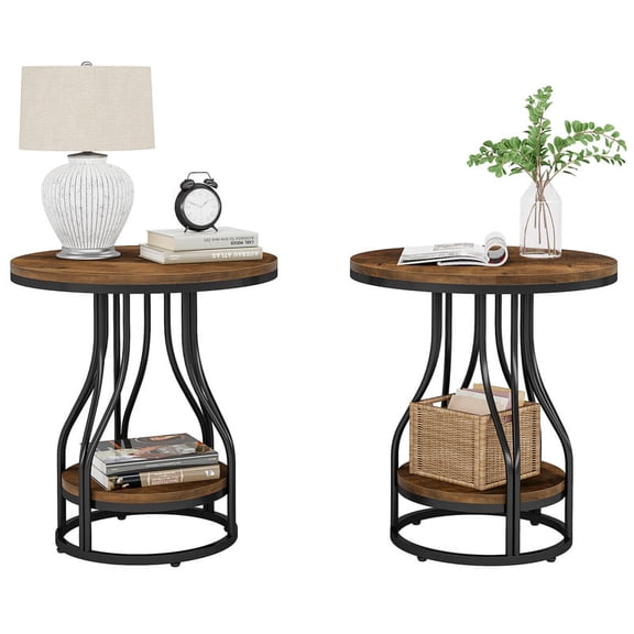 2-Pack 2-Tier Round Side Tables with Storage, Modern Faux Marble End Tables with Gold Metal Frame, Small Bedside Nightstands for Living Room or Bedroom