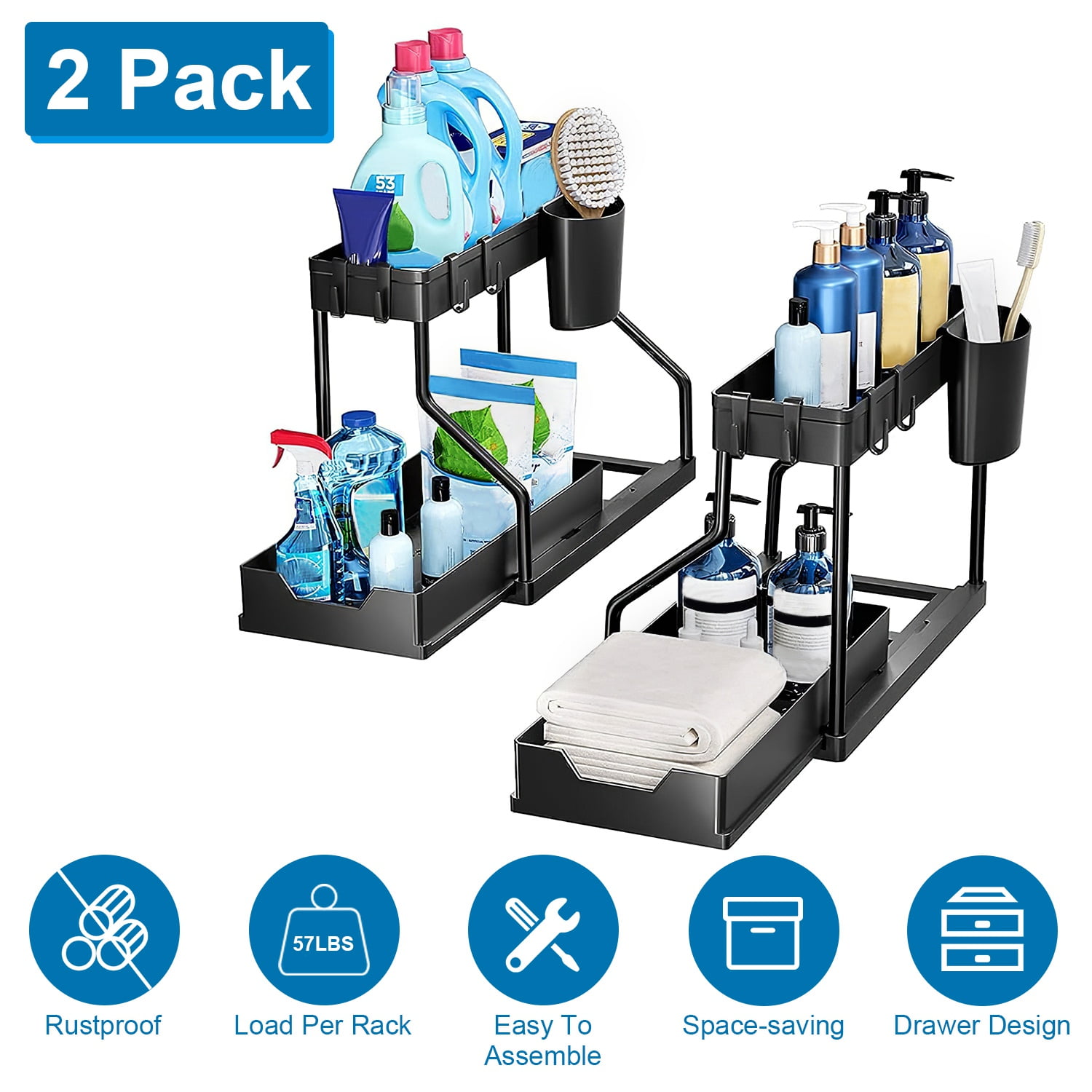 2 Pack 2-Tier Under Sink Organizer and Storage Sliding Cabinet Organizers Storage Shelves with 8 Removable Hooks 2 Hanging Cups for Bathroom Kitchen Office