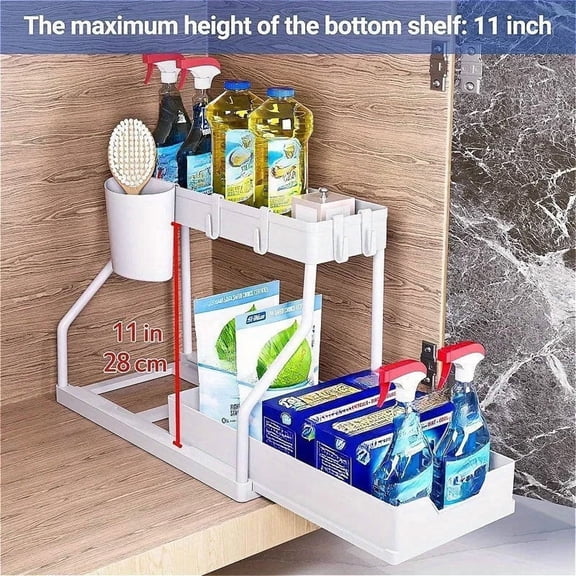 2-Tier Under Sink Storage Organizer, Pull Out Sliding Cabinet Basket with Detachable Hooks, Anti-Slip Metal Multi-Purpose Storage Shelf, Space Saver Rack for Kitchen Spices, Utensils & Bathr