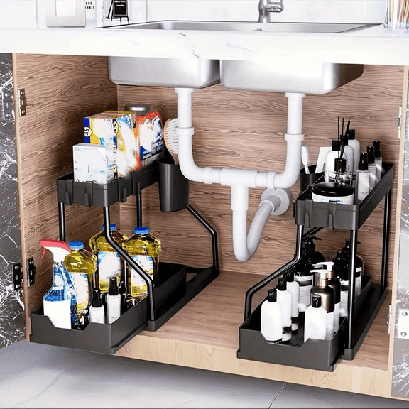 2 Pack 2-Tier Under Sink Storage Organizer, Pull Out Sliding Cabinet Basket with Detachable Hooks, Anti-Slip Metal Multi-Purpose Storage Shelf, Space Saver Rack for Kitchen Spices, Utensils & Bathr