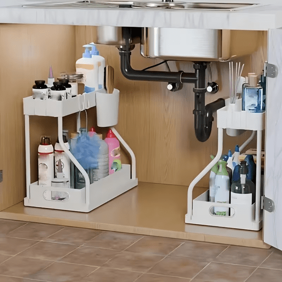 2 Pack 2-Tier Under Sink Storage Organizer, Pull Out Sliding Cabinet Basket with Detachable Hooks, Anti-Slip Metal Multi-Purpose Storage Shelf, Space Saver Rack for Kitchen Spices, Utensils & Bathr