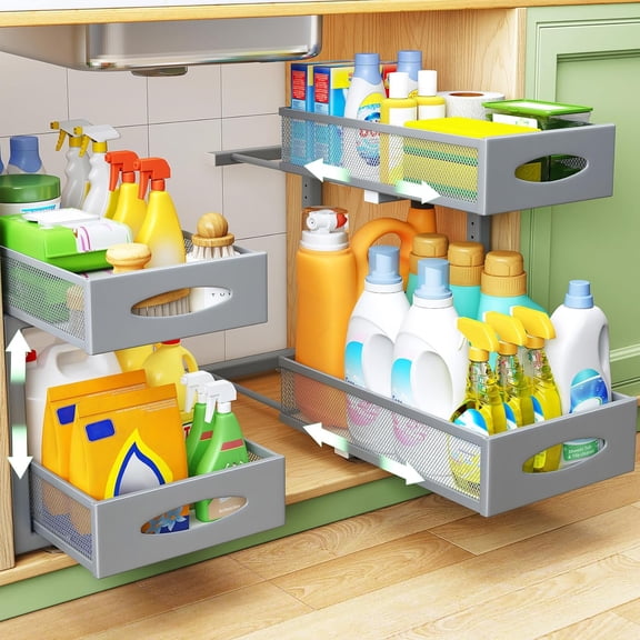 2 Pack 2 Tier Under Sink Organizer with Adjustable Heights Sliding Mesh Drawers Grey