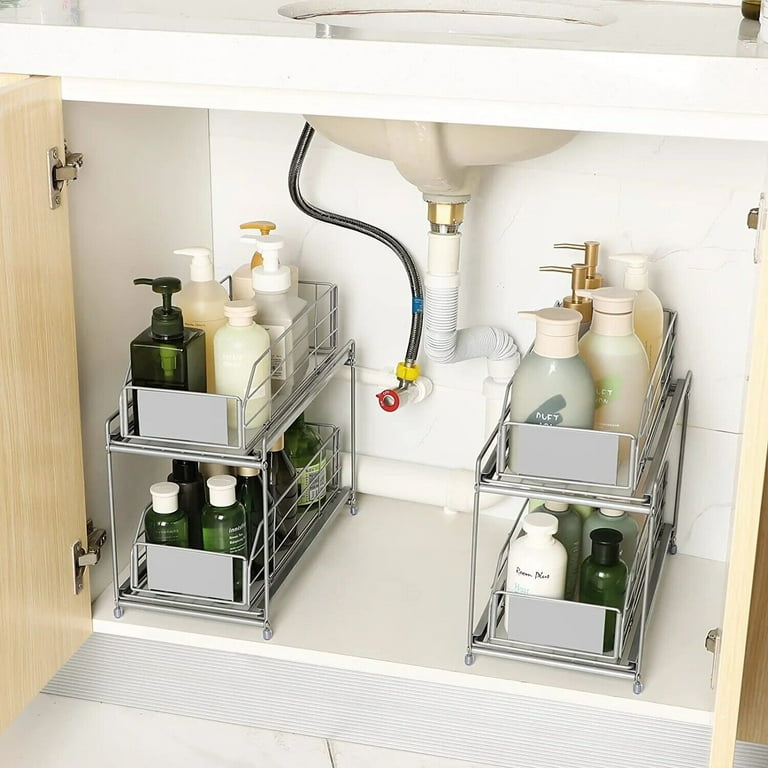 Under Sink Organizers and Storage 2 Packs, 2 Tier Pull Out Cabinet  Organizer L-shaped, Sliding Under Bathroom Kitchen Sink Shelf,  Multi-Purpose