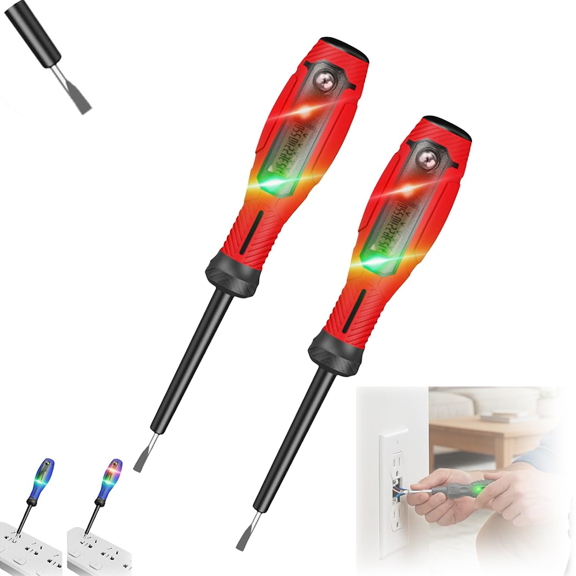 2 Pack 2-in-1 Digital Display Voltage Tester Screwdriver, Smart Digital Voltage Detector for Electrical Testing, Red Phillips Head(Red_Flathead)