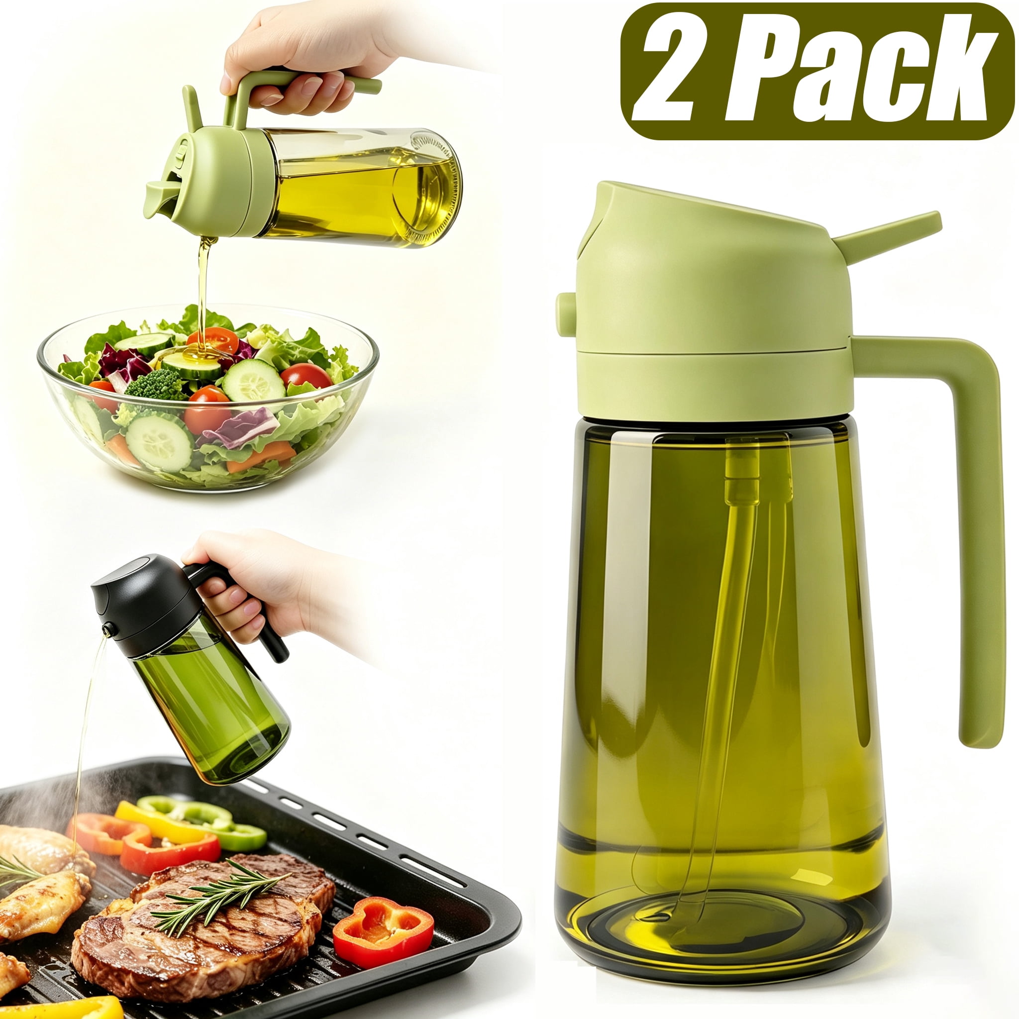 2 in 1 Oil Dispenser and Oil Sprayer Bottle, 16OZ Dual Purpose Kitchen Oil Container, Olive Oil Sprayer Bottle for Cooking, Salad, Barbecue & Air Fryer(Black & Green)