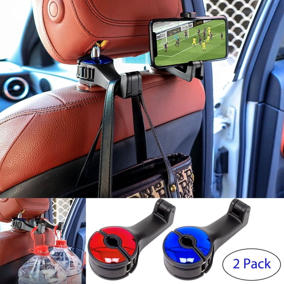 2 Pack 2 in 1 Universal Car Seat Headrest Hooks for Purses and Bags with Phone Holder, Njjex 360 Rotation Car Seat Hooks