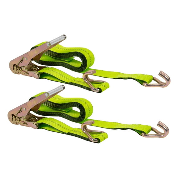 (2 Pack) 2 in. x 15 ft. Ratchet Straps with Wire Hook - Safety Green Flatbed Truck Tie Down 3,333 lbs # WLL
