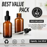 2 Pack - 2 oz Amber Glass Dropper Bottles with Tapered Glass Droppers - 60ml Amber Glass Boston Round Bottles with Glass Eye Dropper - Thick Leakproof Essential Oils Bottle for Storage and Travel
