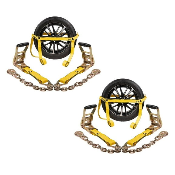 2 Pack 2" x 10' Car Tire Tie Down Straps for Trailers w/ Chain Anchors and Double Ratchets - 3,300 lbs WLL Heavy Duty Side Mount Wheel Net for Vehicle, Yellow