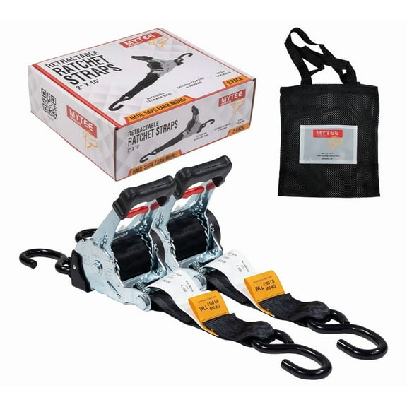 2 Pack 2" x 10' Retractable Ratchet Straps | Auto Retract NO-RATCHETING Ratchet Straps with Coated S Hook Tiedowns for Motorcycles, ATVs, Bikes: Tight & Secure Pickup Trailer Tie-Down