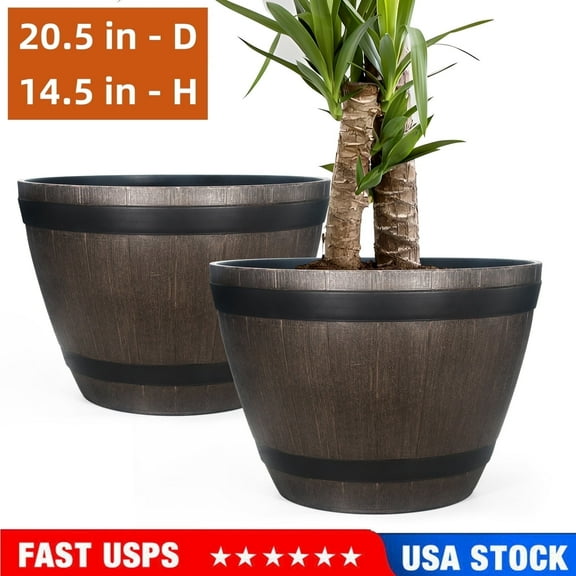Gamexcel 2 Pack 21" Brown Whiskey Barrel Planters with Drainage Holes - Indoor/Outdoor Plastic Flower Pots