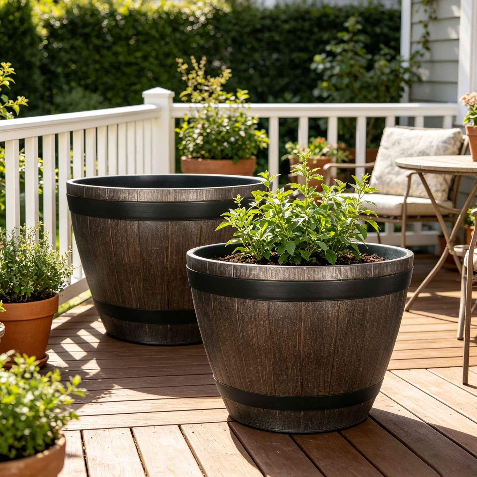 Gamexcel 2Pack 20.5" Classic Home and Garden Whiskey Plastic Resin Home Flower Pot Barrel Planter, Brown