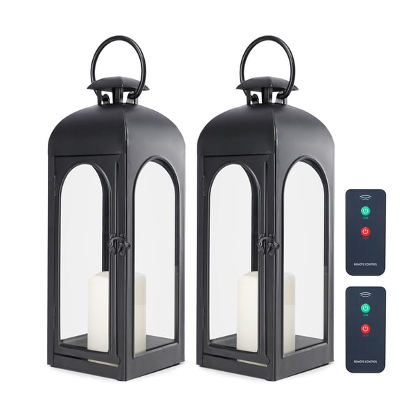 2-Pack 20.86 Inch Black Metal Lanterns with Remote Control LED Candles – Decorative Hanging/Tabletop Lanterns for Patio, Porch & Home Decor