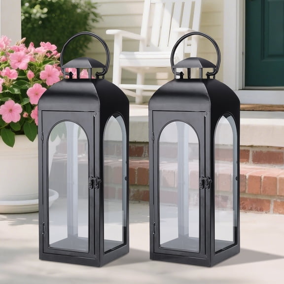 2 Pack 20 Inch Black Metal Candle Lanterns – Vintage Decorative Hanging/Tabletop Lanterns with Clear Glass for Patio, Porch & Indoor Home Decor