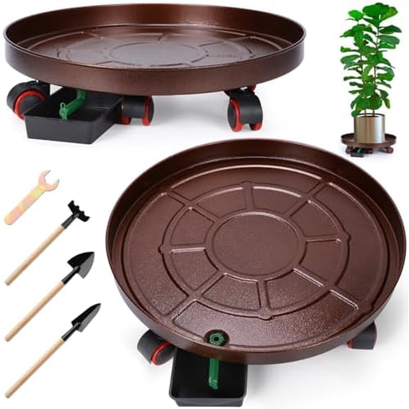 2 Pack 20 Inch Plant Stand with Lockable Wheels Heavy Duty Metal Caddy with Drain Hole Round Rolling Planter Large Flower Pot Dolly for Indoor Outdoor$$Garden & Patio