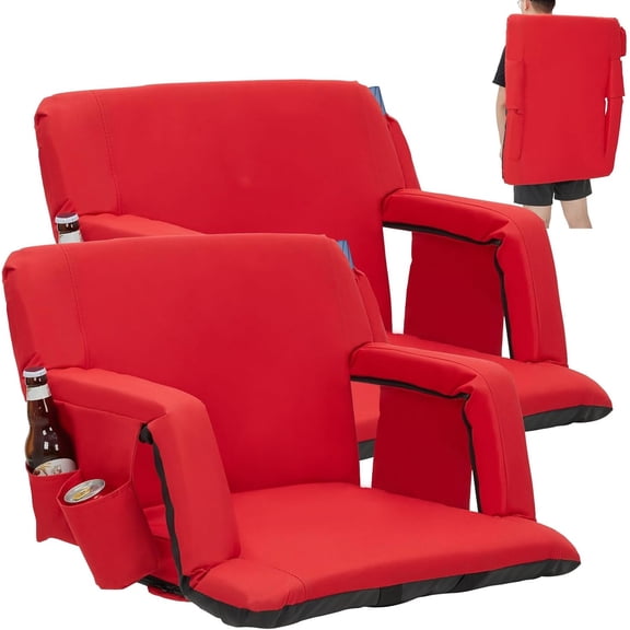 2 Pack 20 Inch Stadium Seats - Wide Bleacher Chairs with Adjustable Backrest Armrests Side Pockets and Carry Handle - Red