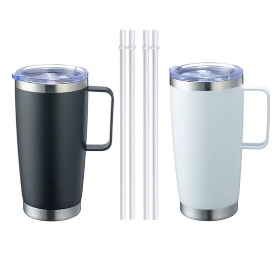 2 Pack 20 oz Tumbler Mug with 2 Lids and 4 Straws, Insulated Travel Coffee Mug with Handle, Double Wall Stainless Steel Vacuum Coffee Tumbler, Thermal Coffee Cup(Black+White)