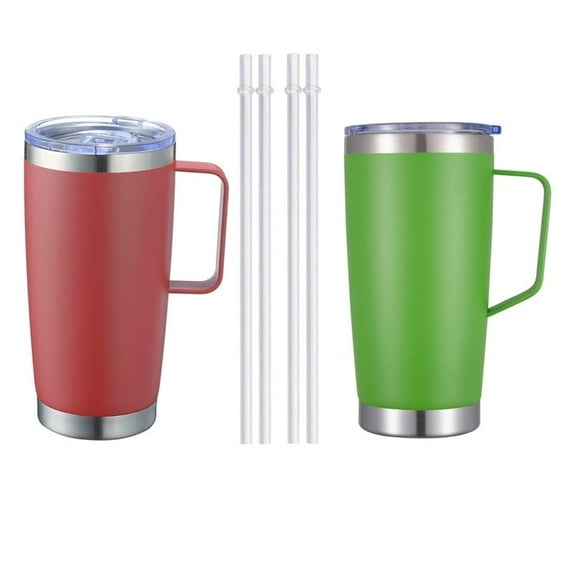 2 Pack 20 oz Tumbler Mug with 2 Lids and 4 Straws, Insulated Travel Coffee Mug with Handle, Double Wall Stainless Steel Vacuum Coffee Tumbler, Thermal Coffee Cup(Red+Green)
