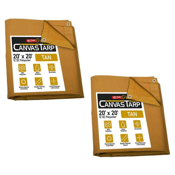 (2 Pack) 20' x 20' Tan Canvas Tarp 12oz Heavy Duty Water Resistant