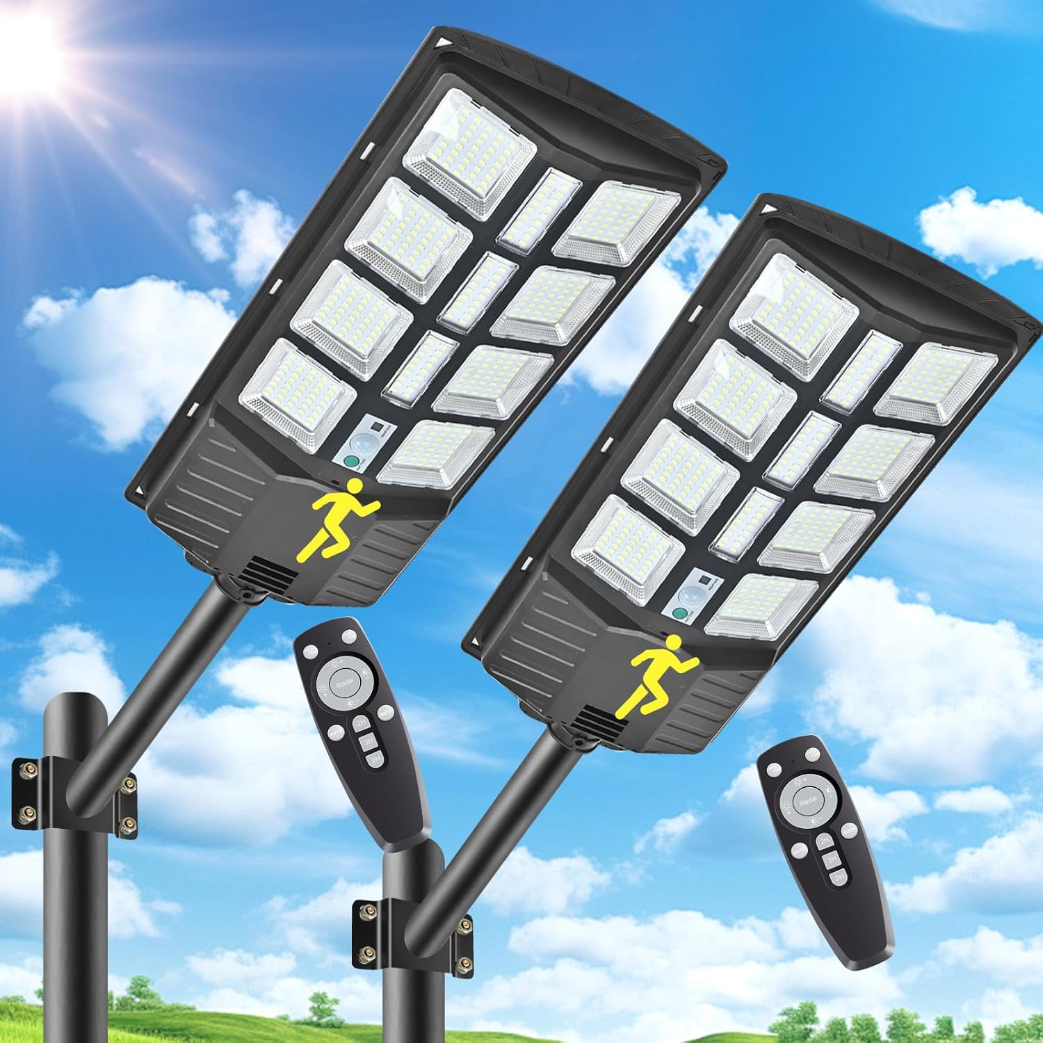 2 Pack 2000W Solar Street Lights Outdoor 200000LM Commercial Parking Lot Lights Dusk to Dawn, Waterproof Solar Security Flood Lights with Motion Sensor Remote for Yard, Garage, Driveway