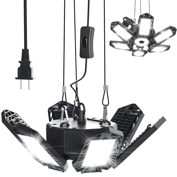 Brobantle Plug-In 200W LED Garage Ceiling Light Adjustable 6-Light 20000LM Deformable Panels Black 6500K