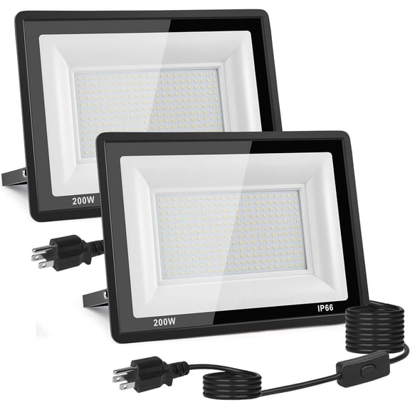 2-Pack 200W LED Flood Light Outdoor, 20000LM LED Work Light with Plug and Switch, IP66 Waterproof Security Lights, 5000K Daylight White.