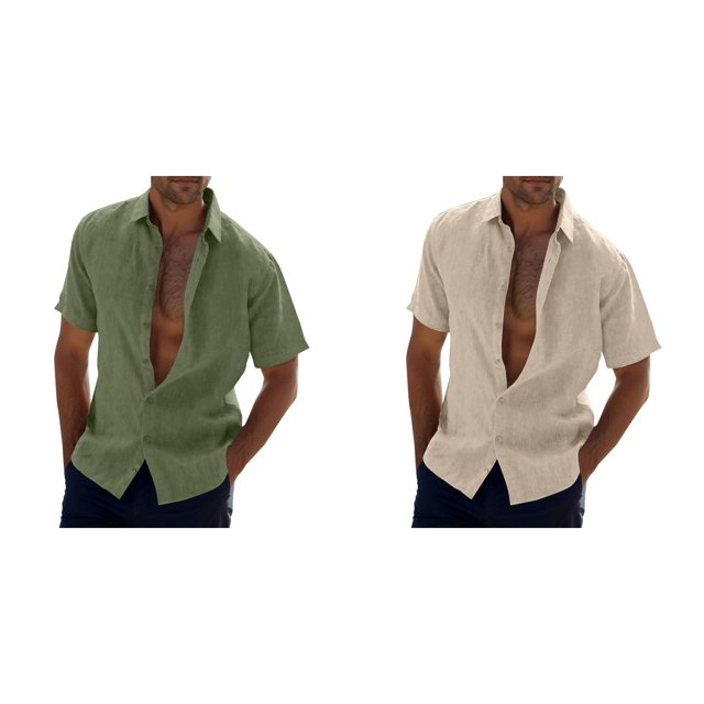 2Pack,2024 Male Casual Solid Long Shirt Short Sleeve Turn Shirts Men