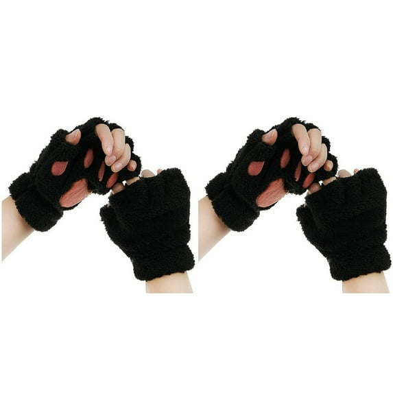 2-Pack,2024 New Women's Cat's Claw Gloves Plush Mittens Half-Finger Bear's Paw Fingerless Gloves Mittens Toddler Gloves Cute Thick Halter Gloves Cartoon Warm Gloves Black