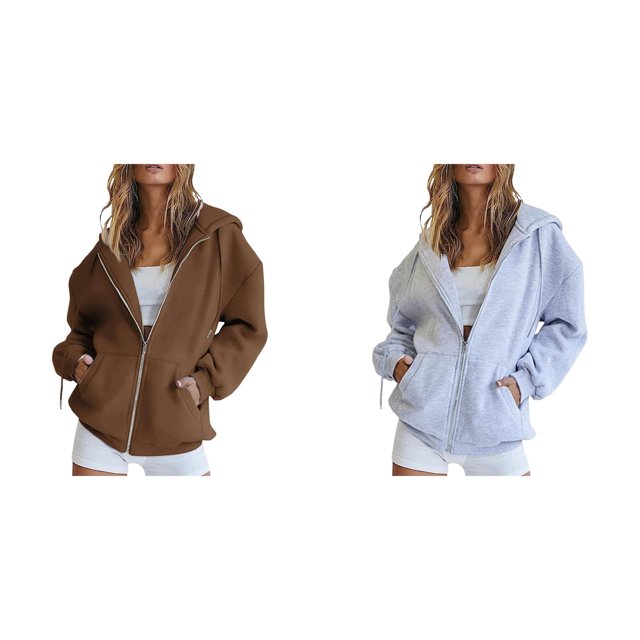 2-Pack,2024 New Women's Christmas Xmas Casual Solid Long Sweatshirts Sleeve Zipper Hooded Coat Sweatshirts Pocket Sweatshirt Tops Features: GY3 1PCS & Coffee 1PCS M