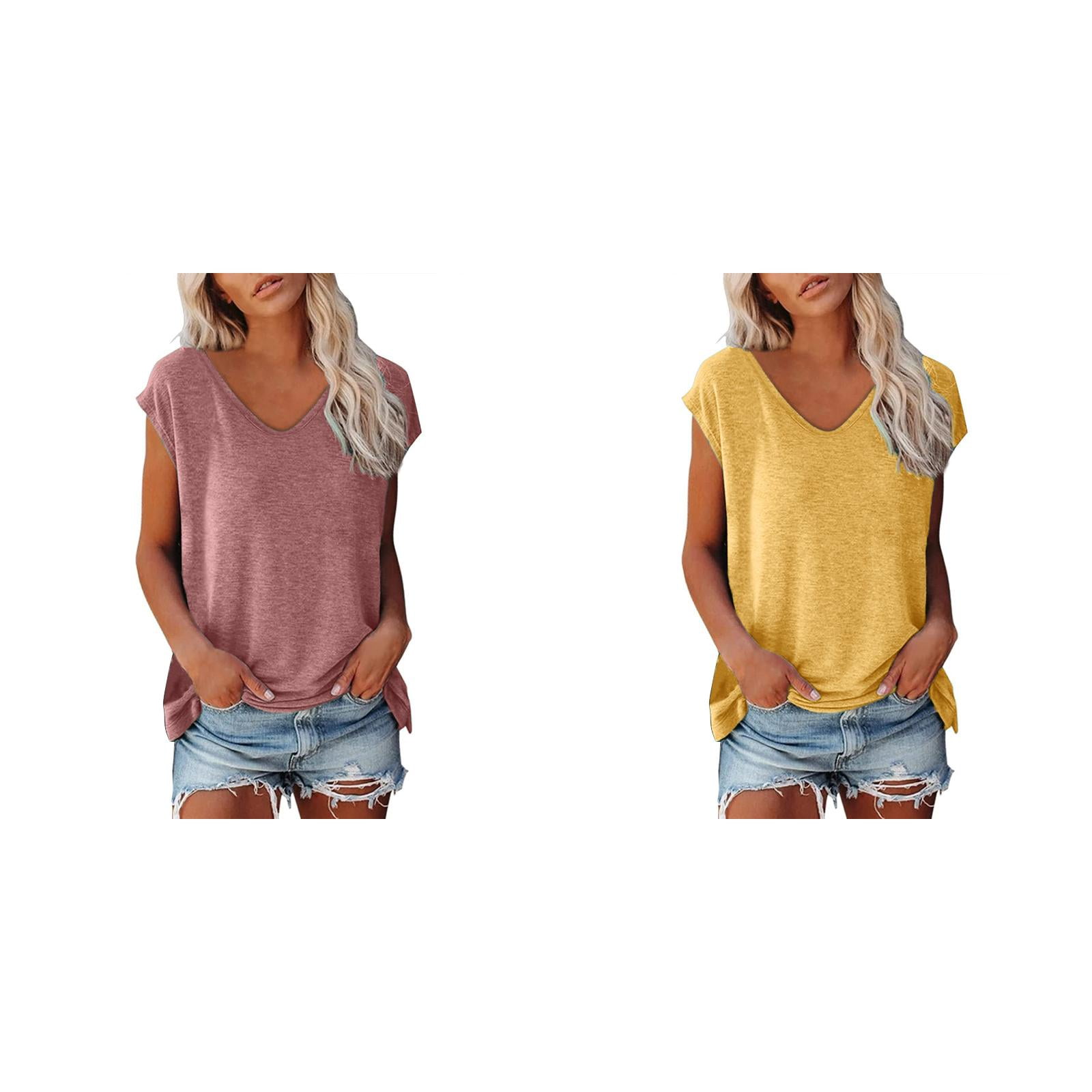 2Pack,2024 Women Cap Sleeve Women Tee Summer Casual Tops V Cotton Long Sleeve Tee Women Neck