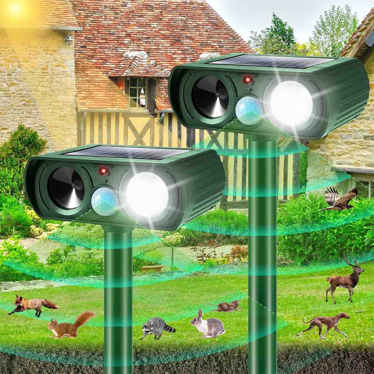 Solar Ultrasonic Animal Repellent - 4 Pack, Motion Activated, Weatherproof, For Deer, Cats, Squirrels, Skunks, Rabbits & Birds