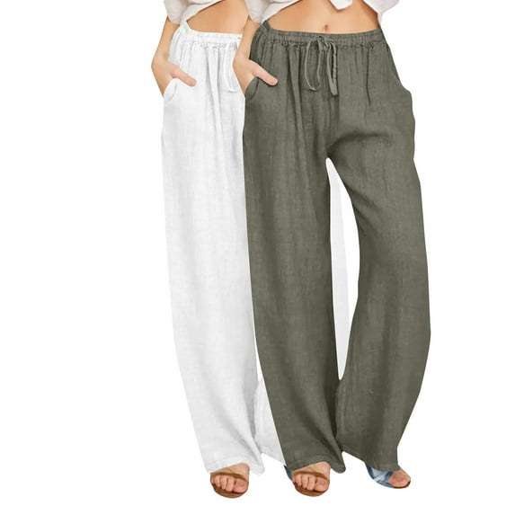 2-Pack Women's Cotton-Linen Wide Leg Pants - High-Waisted Loose Lounge Trousers with Drawstring (Breathable & Beach-Ready Summer Outfits)